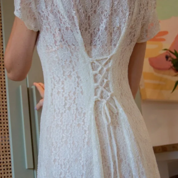 90s Lace Short Sleeve Button Front Ankle Length Dress - Picture 4 of 10